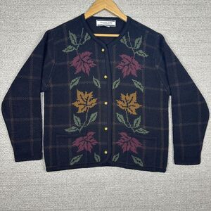 Crystal-Kobe Vintage Autumn Leaf Pattern‎ Cardigan Sweater Navy Blue Petite